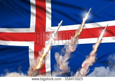 Iceland Ballistic Missile Launch - Modern Strategic Nuclear Rocket Weapons Concept On Flag Fabric Ba