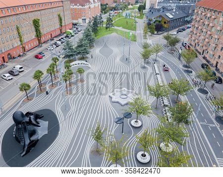 Copenhagen, Denmark - August 23, 2019: Aerial Drone View Of Superkilen Park In Norrebro District. De