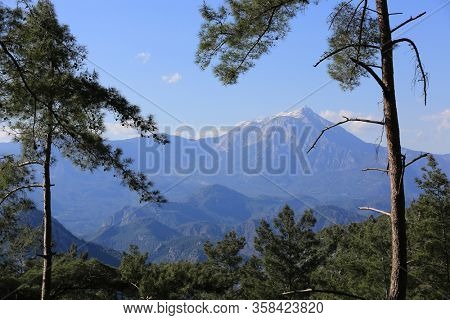 nice landscape with Tahtali Dagi mountains in Turkey. Likya Yolu famous tourist path in Turkish mountains;