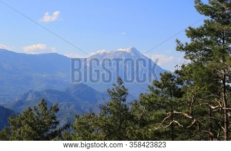 Famous Tahtali Dagi mountain in Turkey. View from Lician Way tourist path in Turkish mountains