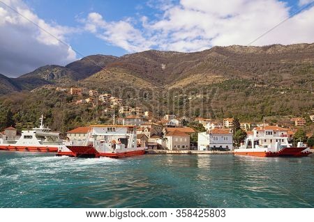 Ferry Station.  Montenegro, Adriatic Sea, Bay Of Kotor. View Of Ferry Port At Kamenari Village