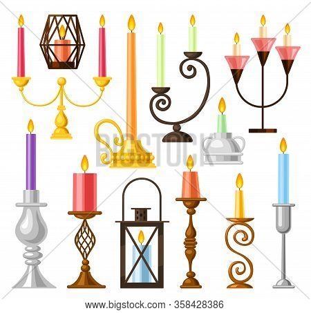 Candle Holder Vector Illustration On White Background. Vector Cartoon Set Icon Candlestick. Isolated