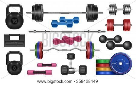 Dumbbell Of Fitness Vector Realistic Set Icon. Vector Illustration Barbell On White Background. Isol