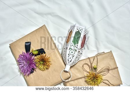 A Gift Box For Family And Friends. Ramadan Present With Traditional Arabic Style Lantern. Islam Reli