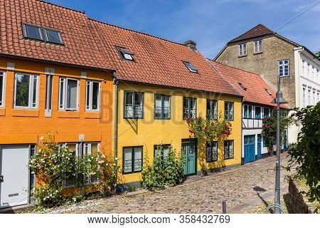 Colorful Houses In A Cobblestoned Street Of Flensburg, Germany