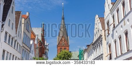 Church Tower And Historic Facades In Flensburg, Germany