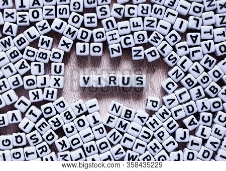 Word Virus Written In English With Square White And Black Letters Mixed Up With All The Alphabet Let