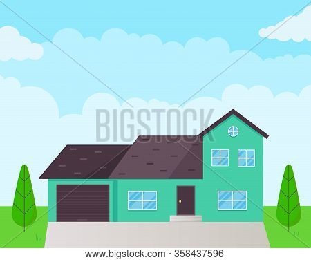 Modern House Exterior Flat Style Design Vector Illustration With Roof, Windows And Shadows. Classic 