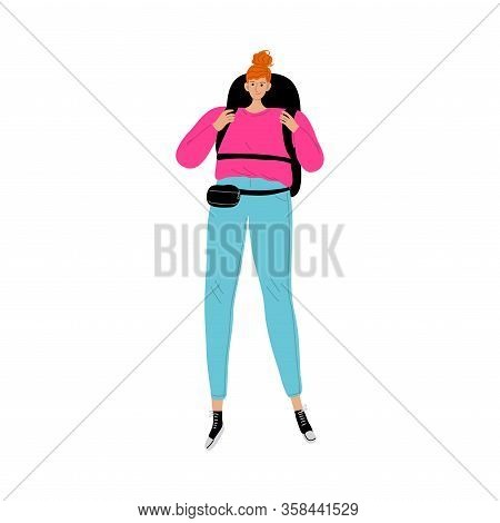 Young Woman Travelling Around World With Backpack Vector Illustration
