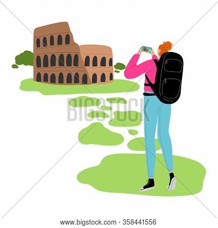 Young Woman Backpacker Travelling Around World With Camera Vector Illustration