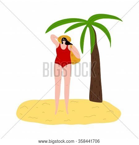 Smiling Woman Enjoying Rest On Beach Vector Illustration