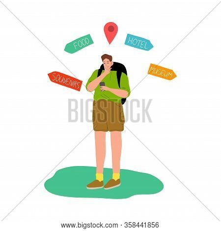 Young Man Travelling Around World With Backpack Doubting Where To Go