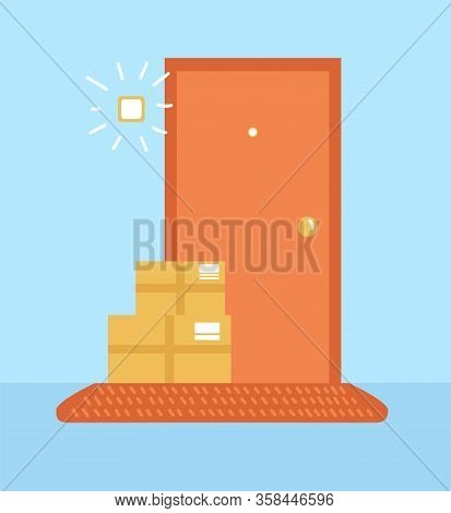 Vector Illustration No Contact Delivery. Apartment Entrance And Shipping Boxes. Order Left Near The 