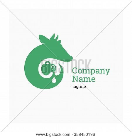Logo For Dairy Food Or Business. Vector Illustration Cow And Jug Of Milk. Label For Natural Farm Pro