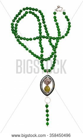 Hand Crafted Necklace From Green Nephrite Beads With Pendant Isolated On White Background