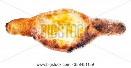 Georgian Cuisine - Adjarian Boat-shaped Khachapuri With Cheese, Butter And Egg Yolk Isolated On Whit