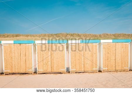 Bergen Aan Zee Netherlands Beach With Blue White Beach Cottage At The Beach Of Bergen Aan Zee Hollan