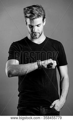 Expensive Luxury Accessory. Confident Macho Luxurious Watch Blue Background. Watches Are Convenient.