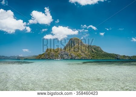 El Nido Bay With Beautiful Cadlao Island In Open Ocean On Sunny Holiday Day, Palawan, Philippines