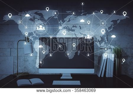 Remote Work And Social Media Network Hologram. Communication And Remote Work Concept. Multiexposure