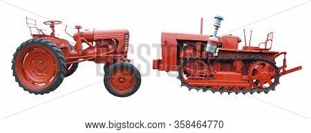 Old Red Agricultural Tractors Isolated Over White Background