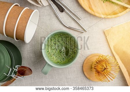 Matcha Tea Making Process, Wooden And Bamboo Kitchen Utensils, Metal Straws On Linen Beige Backgroun