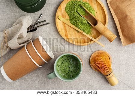 Matcha Tea Making Process, Wooden And Bamboo Kitchen Utensils, Metal Straws On Linen Beige Backgroun