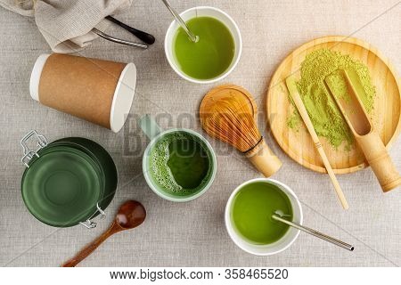 Matcha Tea Making Process, Wooden And Bamboo Kitchen Utensils, Metal Straws On Linen Beige Backgroun
