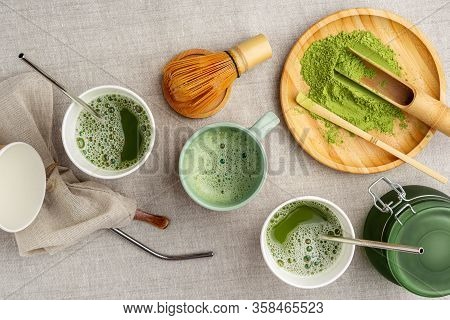Matcha Tea Making Process, Wooden And Bamboo Kitchen Utensils, Metal Straws On Linen Beige Backgroun