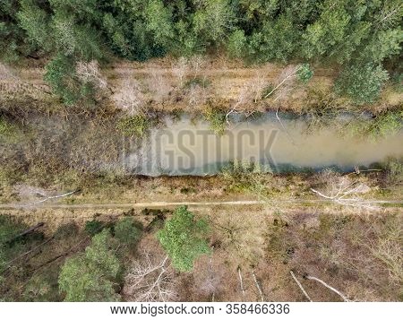 Aerial Drone Shot, Straight Down, Of A Forest With River Or Canal Running Through In Early Spring. L