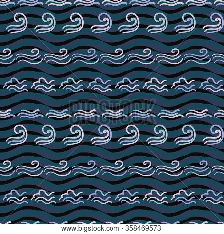 Ocean Waves Doodle Seamless Vector Pattern In Dark Blue. Marine Surface Print Design. Fora Fabrics, 