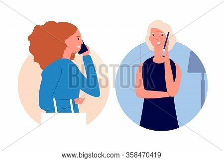 Phone Talking. Call Mother, Women Talking Cellphone. Daughter Has Conversation With Elderly Mom. Dia