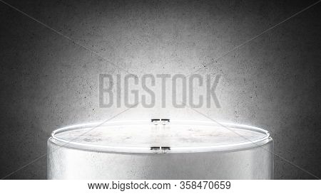 Blank Whihe Round Glowing Pedestal Mockup Stand Near Black Wall, 3d Rendering. Empty Aglow Exhibitio