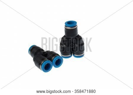 Varna, Bulgaria - March 21, 2020: Set Of Festo Pneumatic Y Shape Fittings, Isolated On White. Festo 