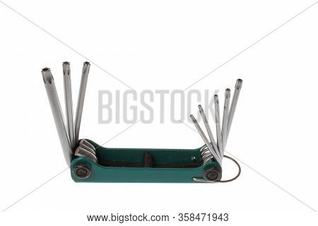 Folding Compact Torx Screwdriver Set With Eight Different Sizes, Isolated On White Background