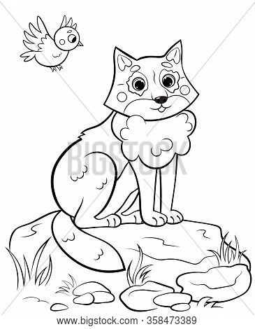 Coloring Page Outline Of Cute Cartoon Wolf Sitting On A Stone. Vector Image With Nature Background. 