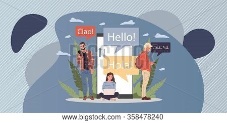 Online Multi Language Translator Flat Vector Illustration. Smartphone With Translation App. People L