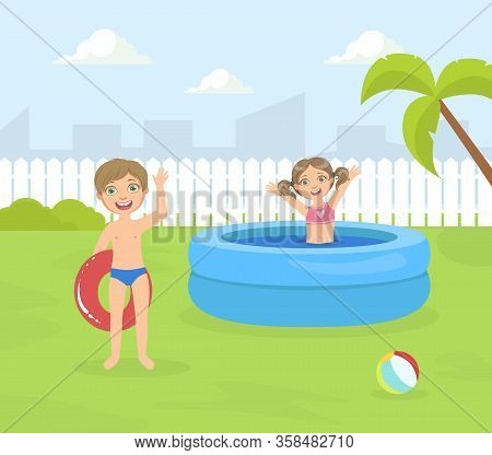 Boy And Girl Playing In Inflatable Pool In The Backyard Vector Illustration