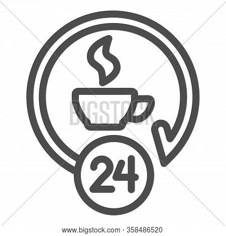 Coffee Cup Around The Clock Line Icon. Light Hot Drink And Service Symbol, Outline Style Pictogram O