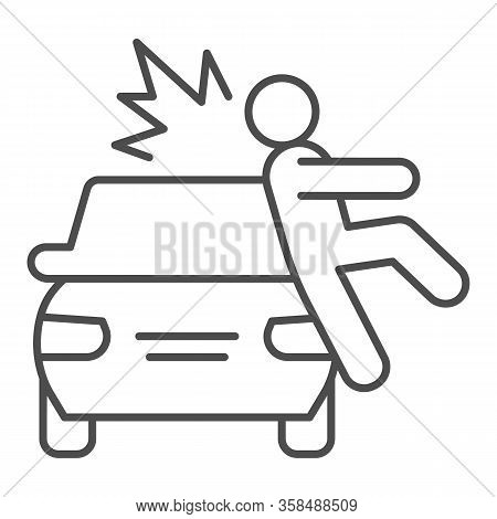 Collision With Pedestrian Thin Line Icon. Vehicle Knock Down Man With Smash Symbol, Outline Style Pi