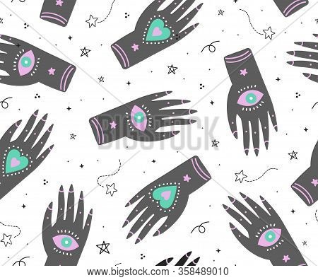 Cute Seamless Boho Pattern With Ornate Ethnic Hands, Eyes And Magic Symbols N The Night Sky.