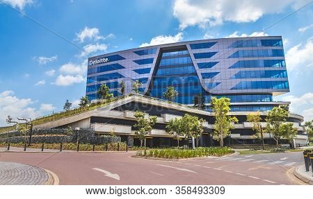 Johannesburg, South Africa,14th March - 2020: Exterior Of Modern Office Building With Glass Facade.