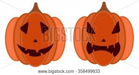 Set Of Halloween Pumpkins, Funny And Evil Face. Vector Illustration
