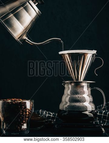 The Process Of Making Coffee By The Alternative Method Of Purover, Spilling Hot Water Through A Pape