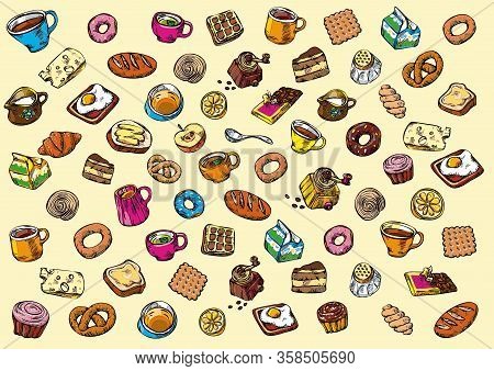 Big Breakfast Food Set With Bakery And Coffee