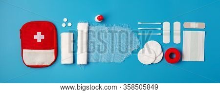 Creative Layout Of Medicines For First Aid, First Aid Kit For Tourists