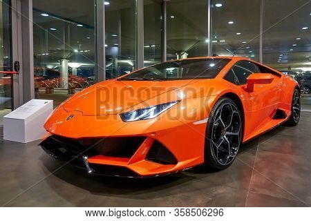 Bologna, Italy - March 03, 2020: Supercar Lamborghini Huracan EVO Spyder in the hall of the Bologna Airport