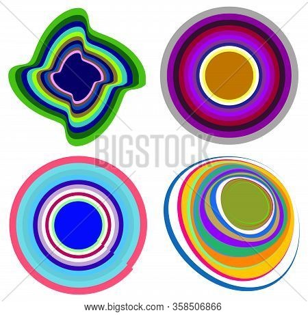 Set Of Mottled, Multi Color And Colorful Spiral, Swirl, Twirl Shapes. Vortex, Whorl Shape With Rotat