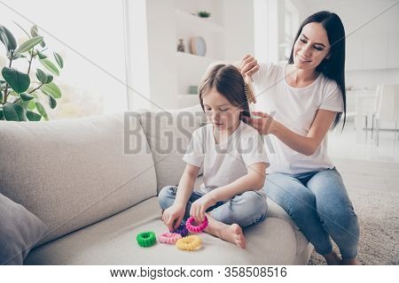 Happy Sweet Adorable Two People Loving Mommy Make Haircut Ponytail Brush Comb Her Little Kid Daughte