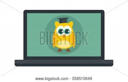 Distance Learning. Vector Illustration Of A Laptop With A Wise Owl, Symbol Of Distance Learning. Qua